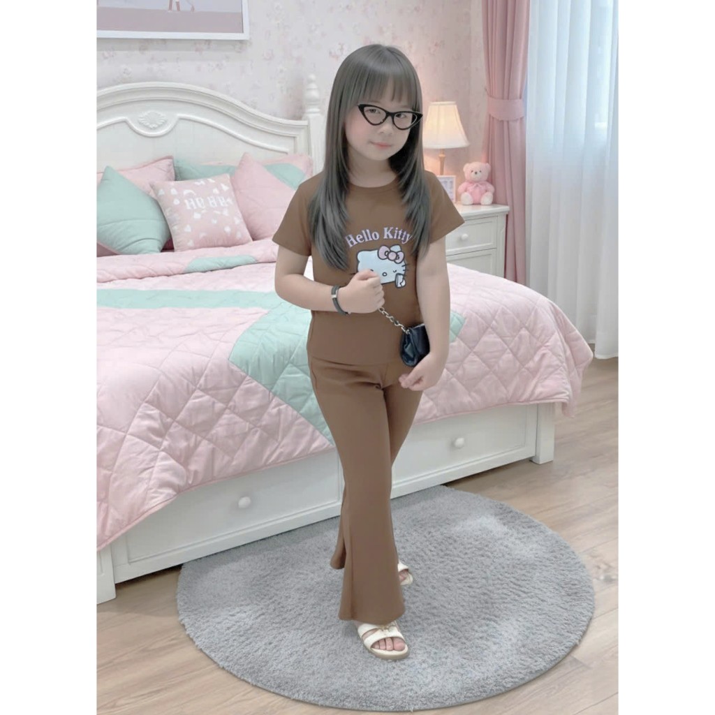 4-14 TUỔI Sét đồ bộ cho bé cộc tay in hình mèo chất vải tăm lạnh phối quần ống loe co giãn thoải mái. M56
