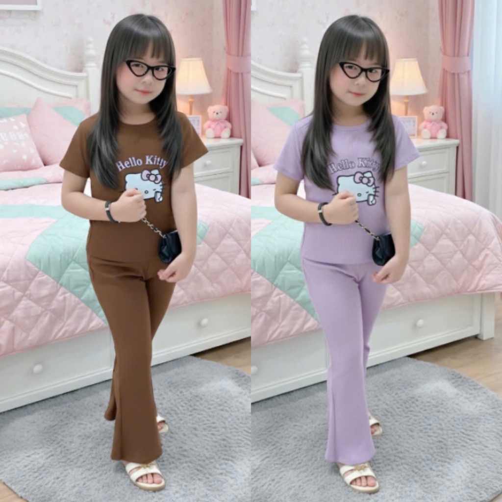 4-14 TUỔI Sét đồ bộ cho bé cộc tay in hình mèo chất vải tăm lạnh phối quần ống loe co giãn thoải mái. M56