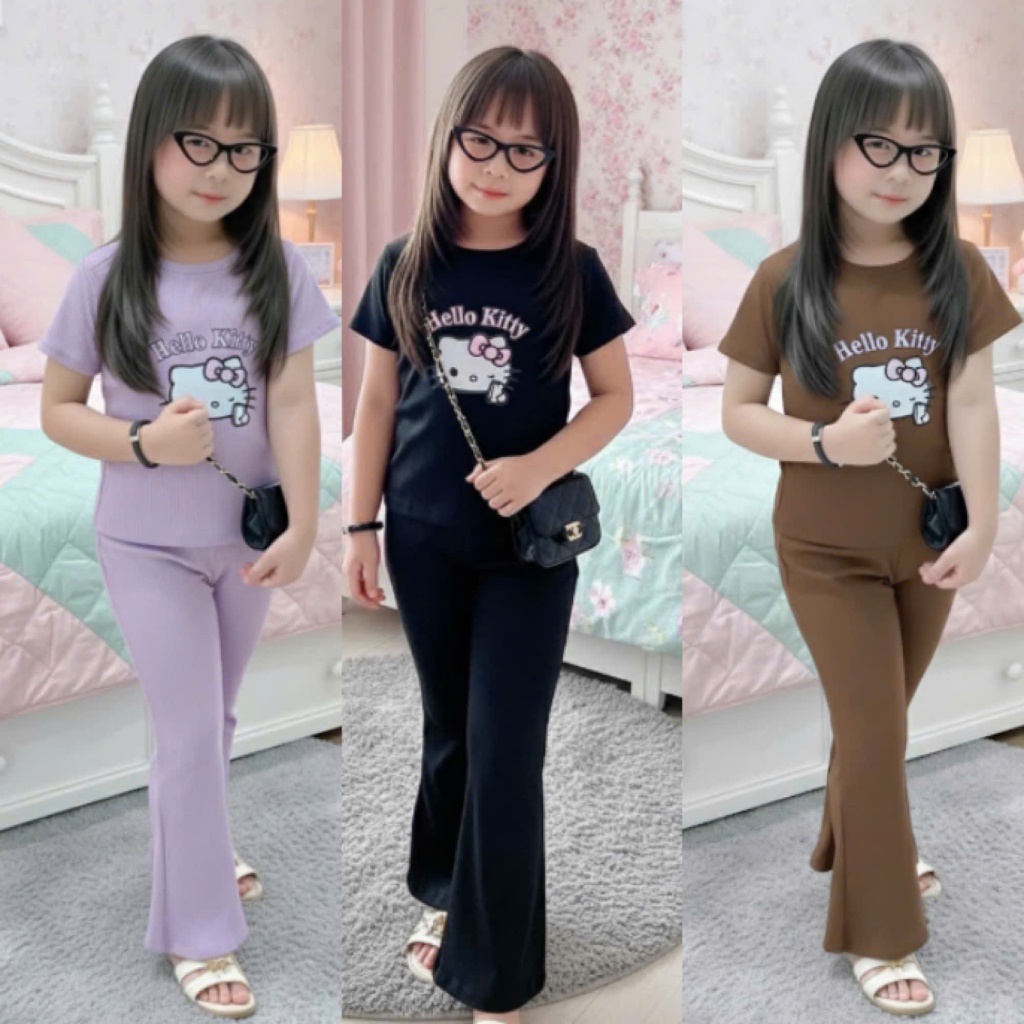 4-14 TUỔI Sét đồ bộ cho bé cộc tay in hình mèo chất vải tăm lạnh phối quần ống loe co giãn thoải mái. M56