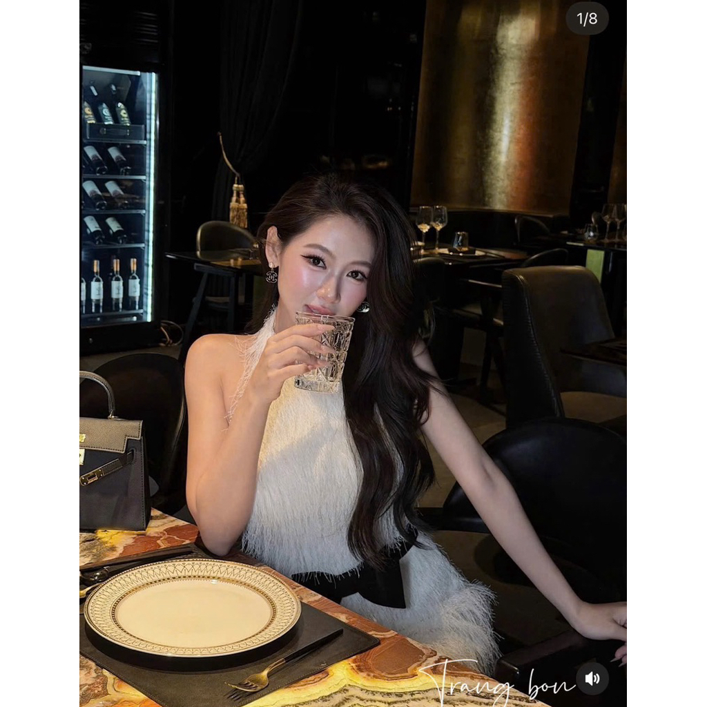Váy yếm lông nơ eo tiểu thư sang chảnh