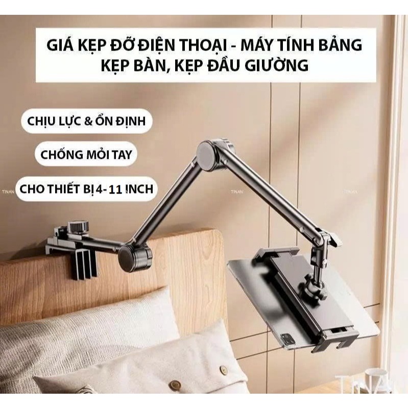 Giá đỡ điện thoại, ipad kẹp cạnh bàn, đầu giường phiên bản mới có khớp nâng độ cao chỉnh xoay 360 đa năng xếp gọn