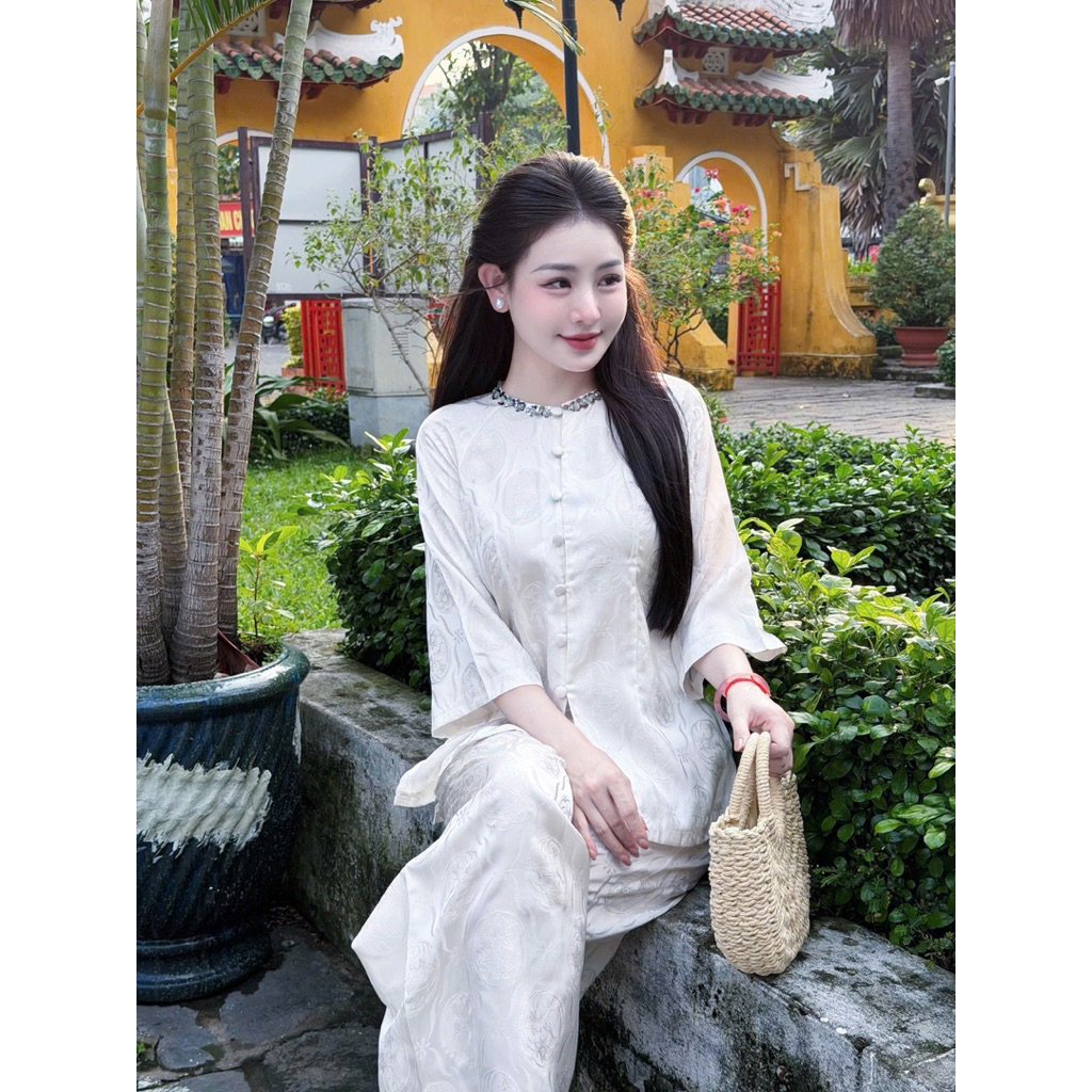 Pháp Phục Lễ Chùa Vải Tằm Thuỷ Tiên Lấp Lánh Phối Cúc Bọc