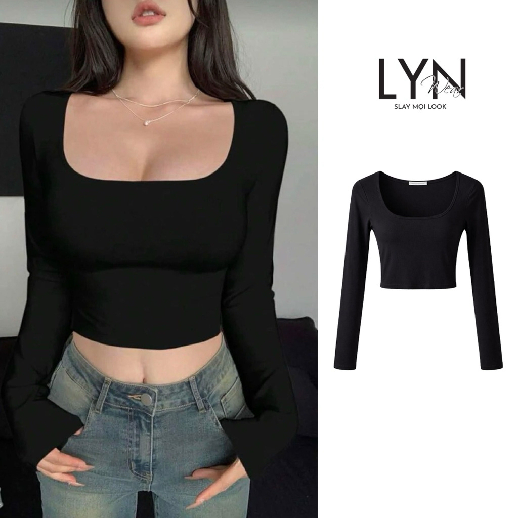 | LYN WEAR | Áo Croptop Nữ Cổ Vuông Tay Dài Dáng Body Basic – Áo Thun Ôm Nhẹ Dễ Phối Đồ