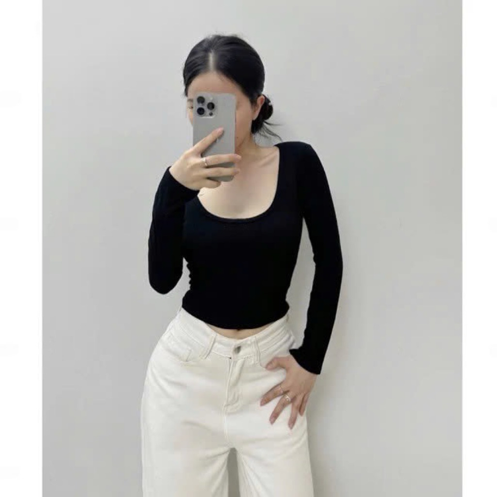 | LYN WEAR | Áo Croptop Nữ Cổ Vuông Tay Dài Dáng Body Basic – Áo Thun Ôm Nhẹ Dễ Phối Đồ