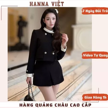 Set Đồ Nữ, Set Đồ Nữ Sang Chảnh, Set Váy Nữ Gồm Áo Croptop Đen Viền Tay Trắng Mix Chân Váy HNS Ms318