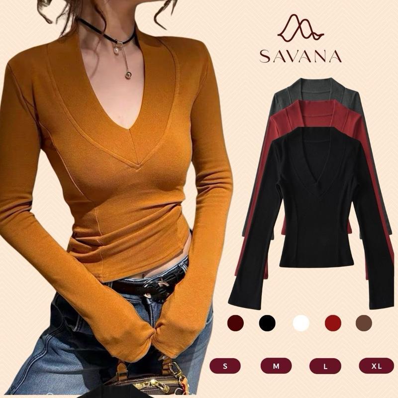 Áo Thun Cổ Tim Tay Dài Ôm Body Chất Cotton Mịn Co Giãn Bốn Chiều Thoáng Mát - SAVANA D45