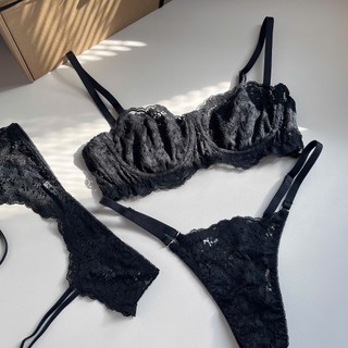 Bộ đồ lót ren nữ áo nửa quả có gọng không mút sẵn quần lót dây và đai 3 chi tiết gợi cảm màu đen trắng Me Me Lingerie