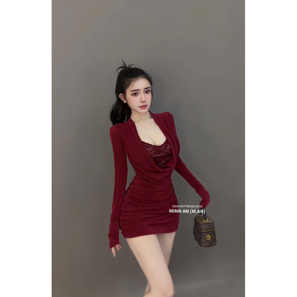 Váy body nhúng cổ đổ phối ren nhún hông siu đẹp