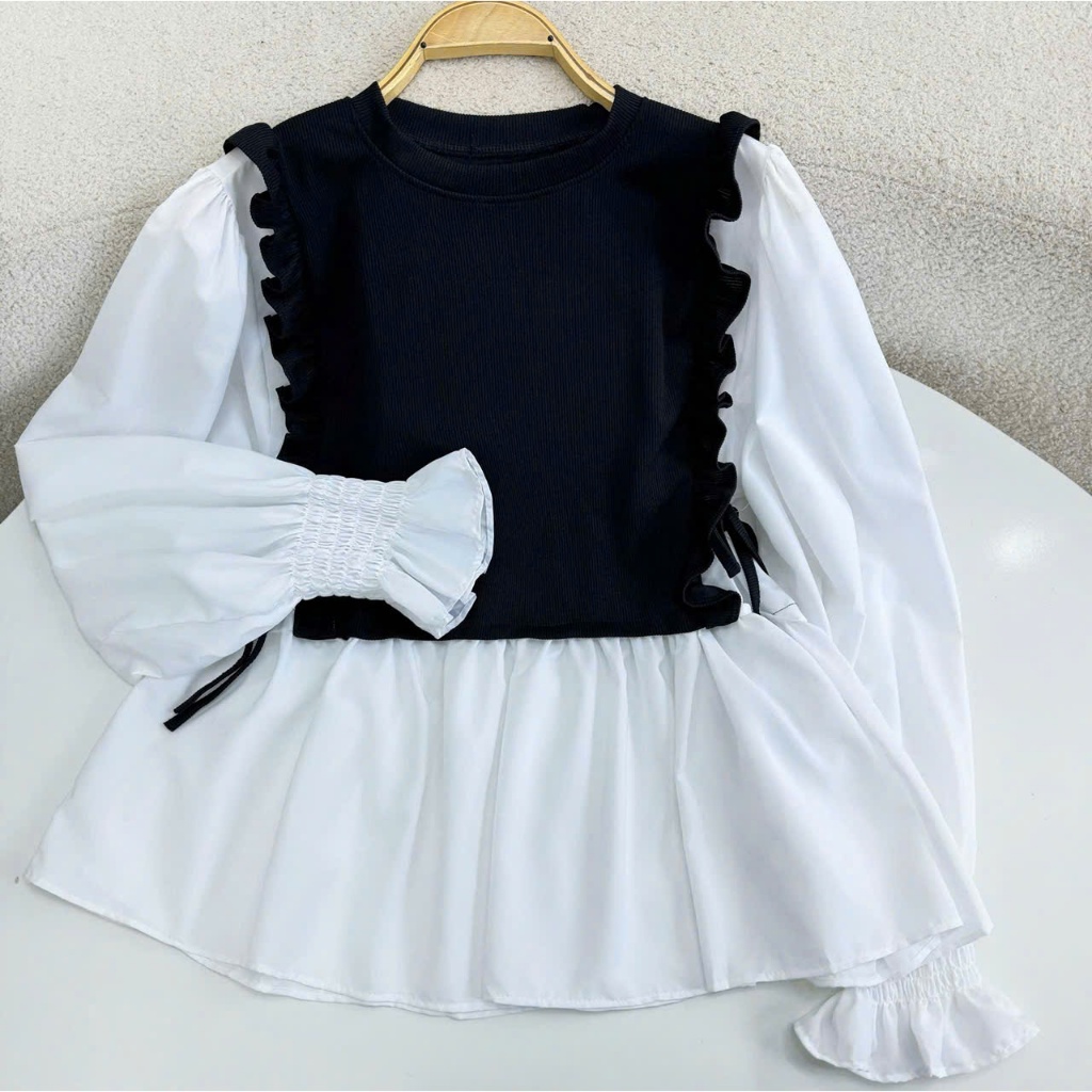 Áo Sơ Mi Tiểu Thư Dáng Babydoll Tay Bồng Phối Bèo Xinh Xắn Chất Vải Cotton Thôi Phối Nỉ Gân SM40