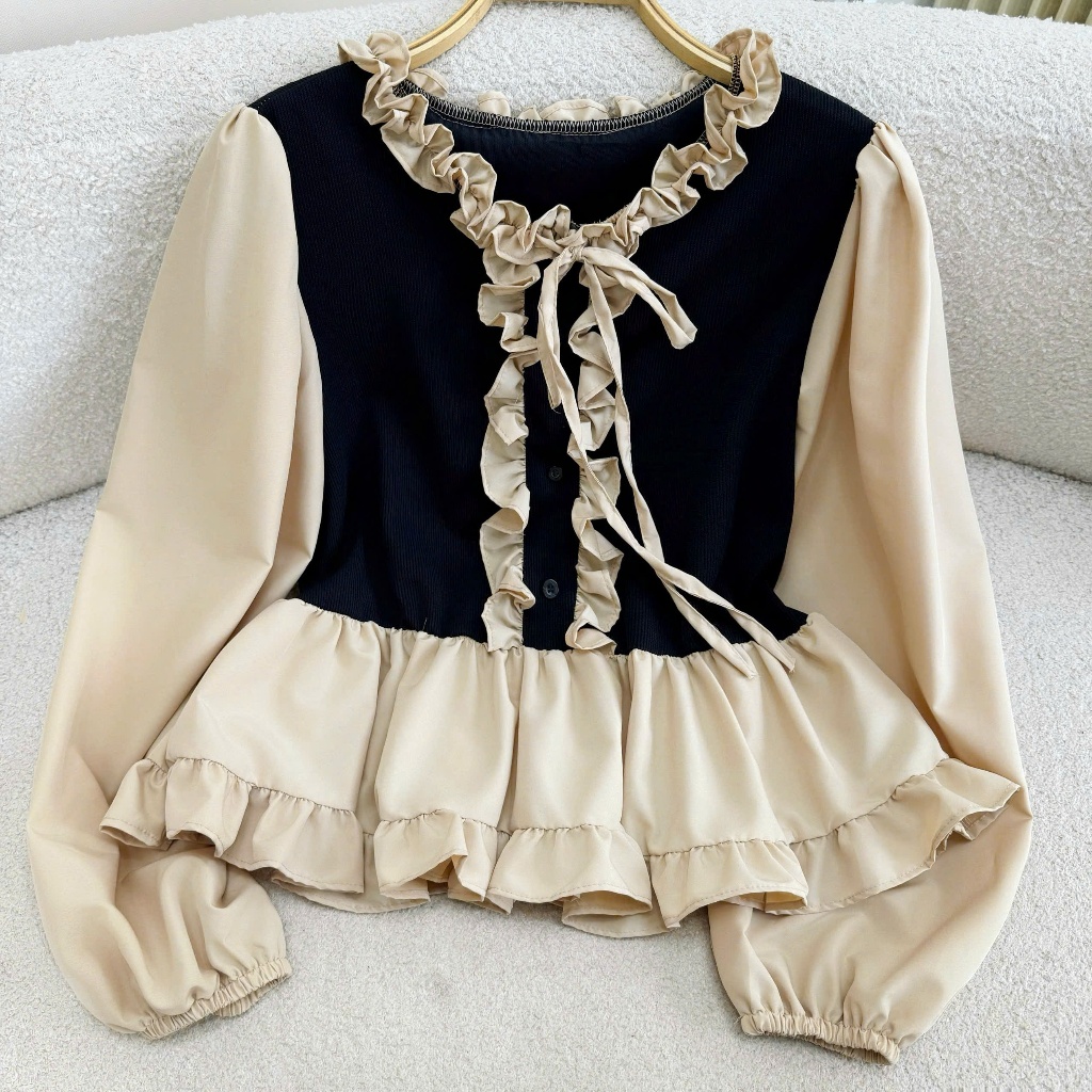 Áo Kiểu Bigsize Nữ Tay Dài Bèo Nhún Cột Nơ Cổ – Dáng Xòe Che Bụng Cho Các Nàng Mũm Mỉm A336
