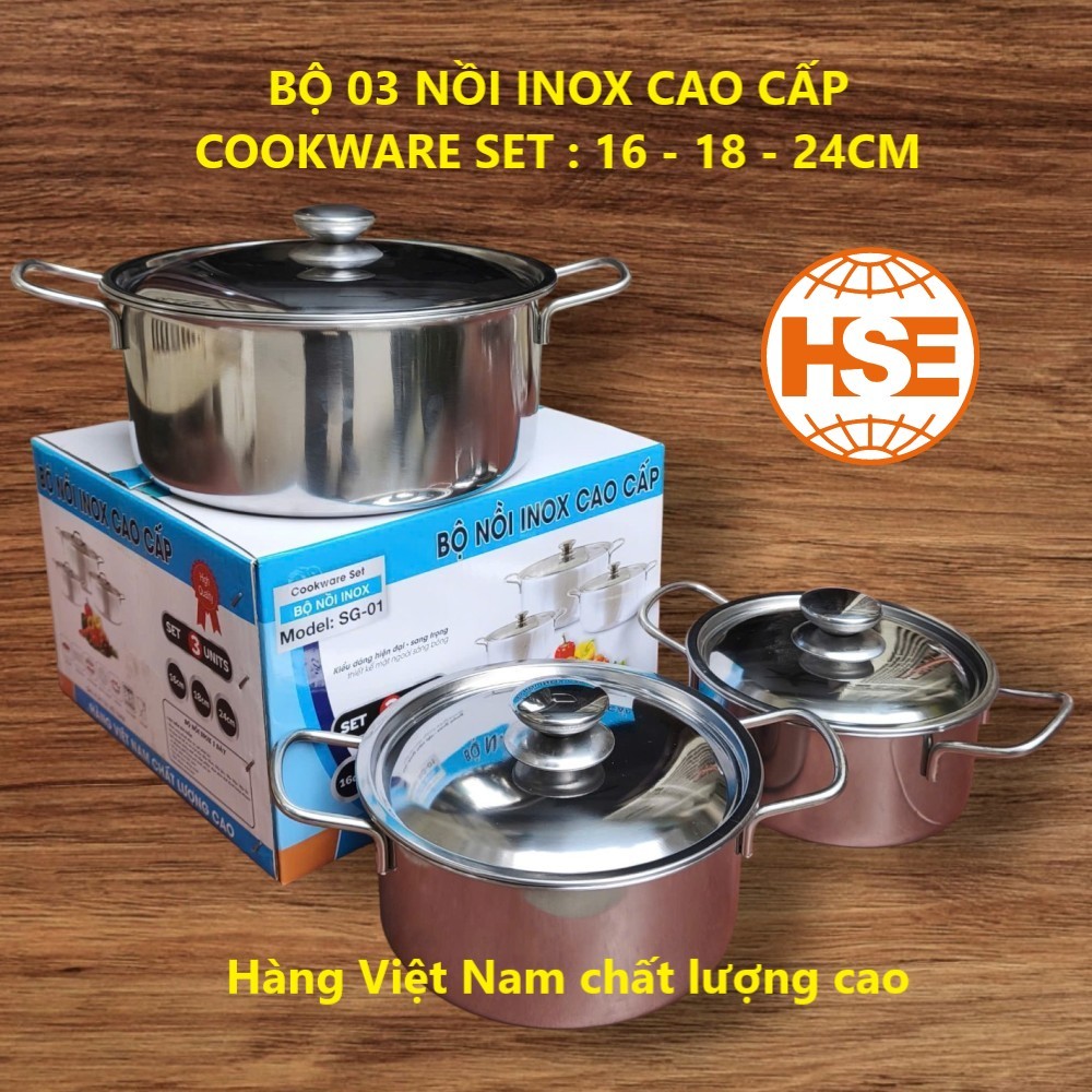 Bộ 3 Nồi Inox 304 Cao Cấp Cookware Set 16-18-24cm - Hàng Việt Nam cao ...