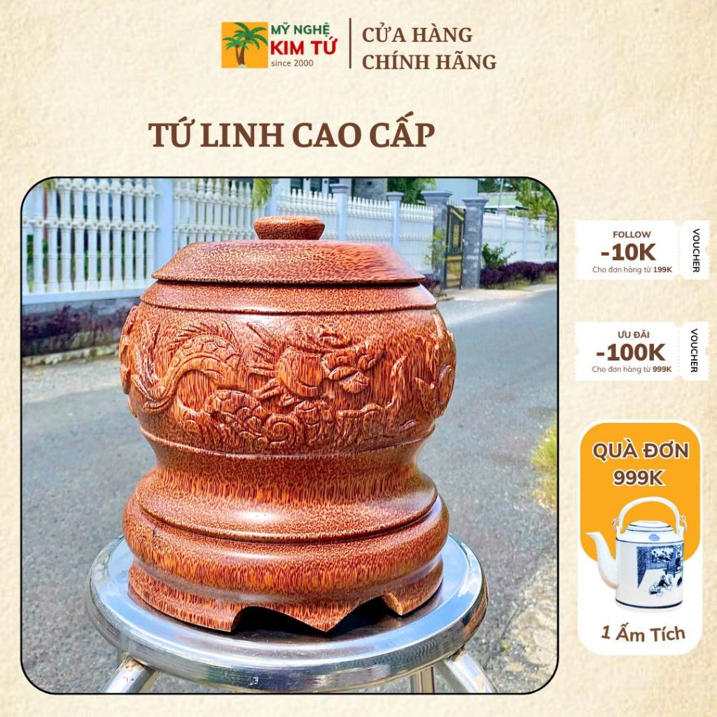 [ TẶNG ẤM 1200ML - 1500ML - 2000ML ] Bình Ủ Ấm Trà Gỗ Dừa VIP Điêu Khắc Tứ Linh: Long Lân Quy Phụng, Giữ Nhiệt Cao Cấp
