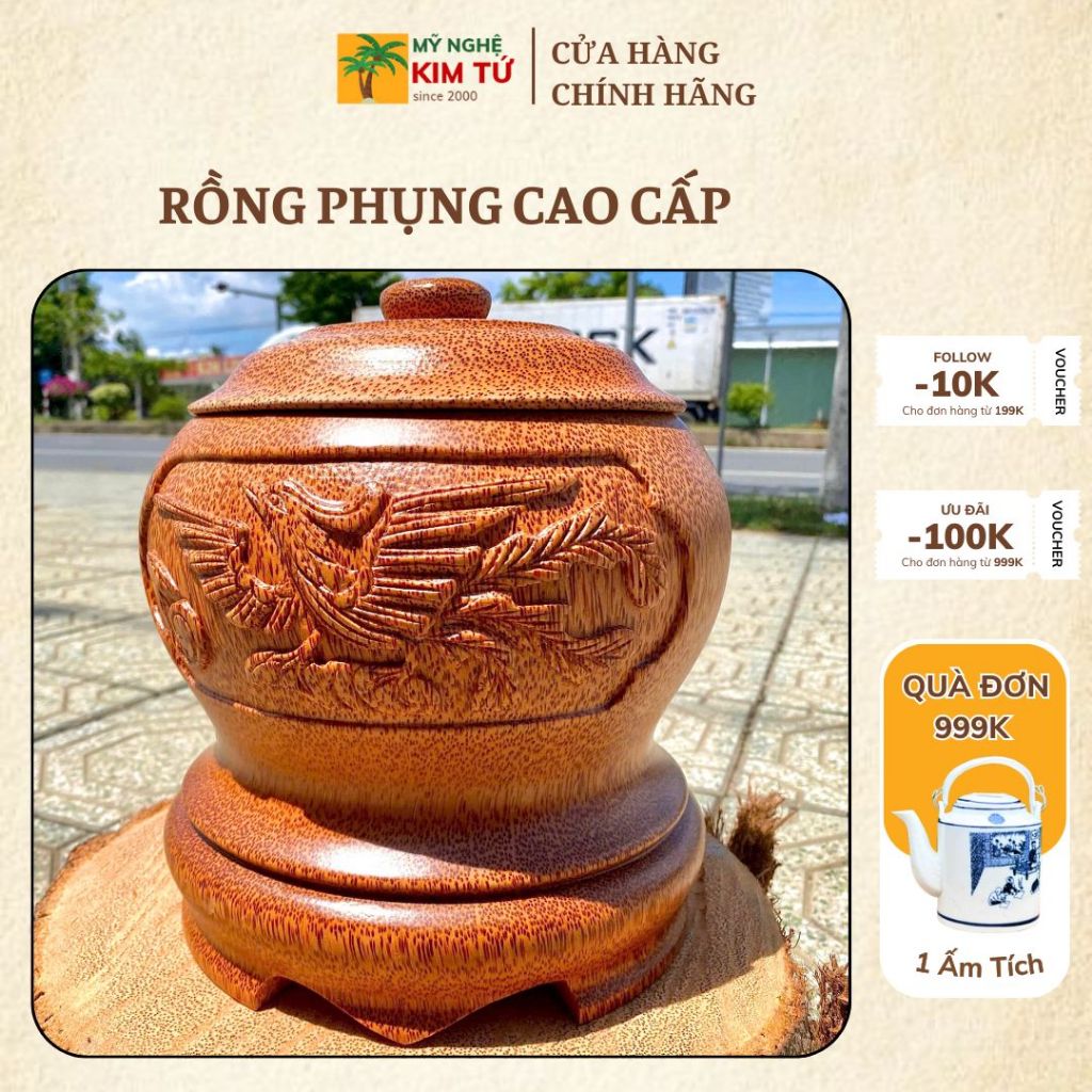 [ TẶNG ẤM 1200ML - 1500ML ] Bình Ủ Ấm Trà Gỗ Dừa Điêu Khắc Rồng Phụng, Giữ Nhiệt Cao Cấp, Trang Trí Decor, Quà Tặng San