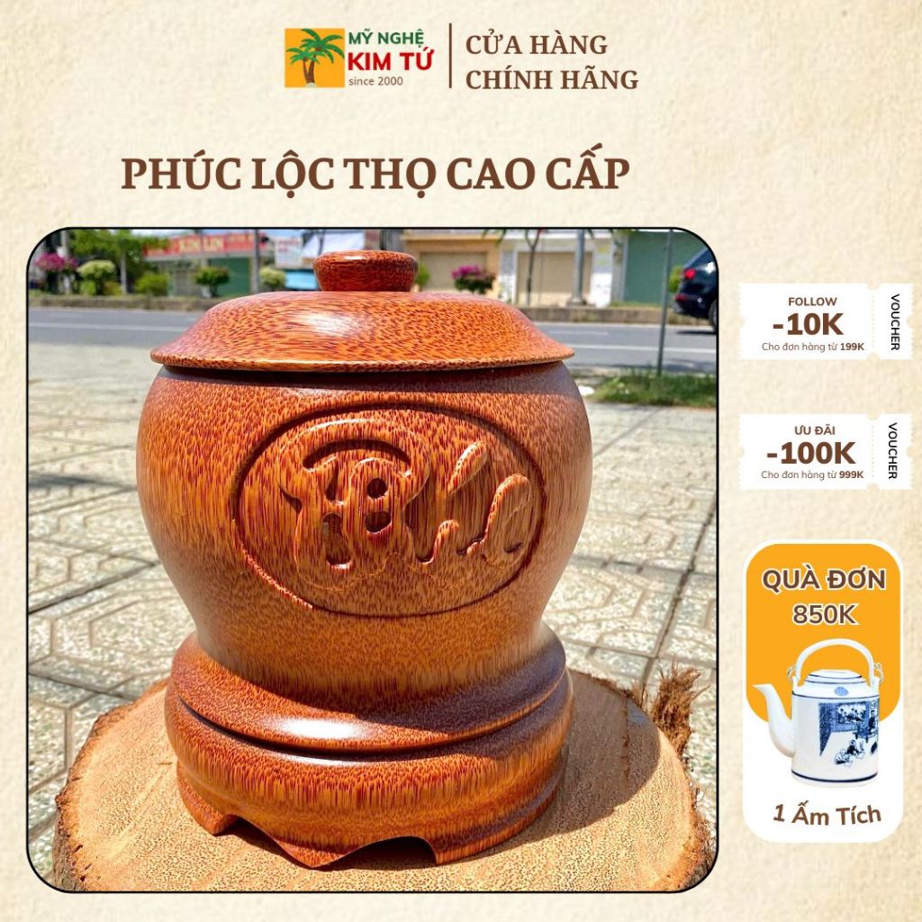 [ TẶNG ẤM 1200ML ] Bình Ủ Ấm Trà Gỗ Dừa Điêu Khắc Phúc Lộc Thọ Có Đế Giữ Nhiệt Cao Cấp, Trang Trí, Quà Tặng