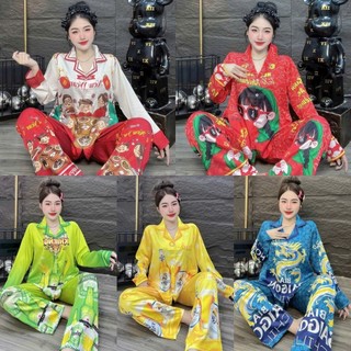 T01: Mẫu Tết Xinh Free size (45-60 kg ),Lụa Latin (Lụa Mịn Tơ Tằm) Quần Dài,Tay  Áo Ngắn, Dài,Miễn Phí Vận chuyể