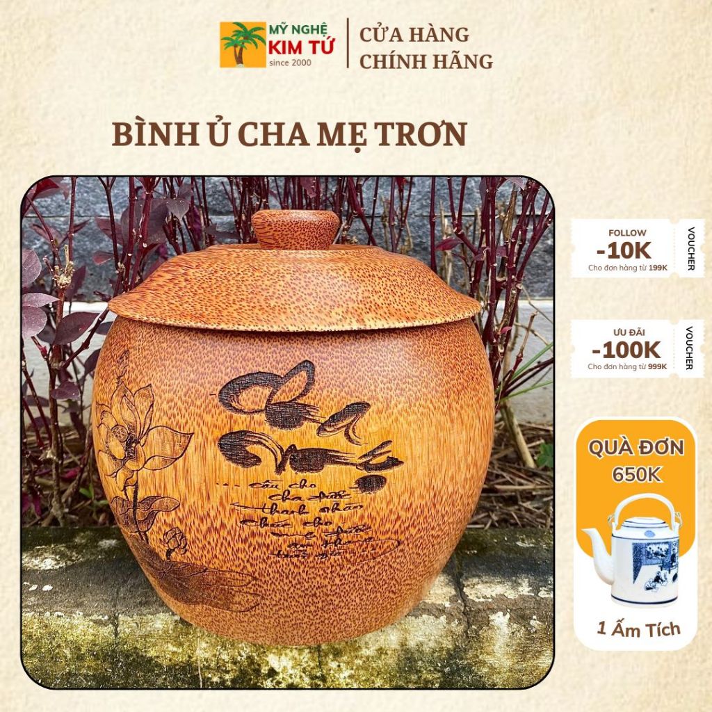 [ TẶNG ẤM 500ML - 1200ML ] Bình Ủ Ấm Trà Gỗ Dừa Điêu Khắc Cha Mẹ Mẫu Nắp Trơn, Giữ Nhiệt Cao Cấp, Trang Trí & Quà Tặng