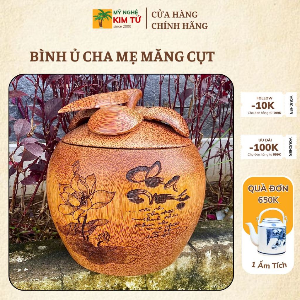 [ TẶNG ẤM 500ML - 1200ML ] Bình Ủ Ấm Trà Gỗ Dừa Mẫu Măng Cụt Điêu Khắc Cha Mẹ, Giữ Nhiệt Cao Cấp, Trang Trí & Quà Tặng