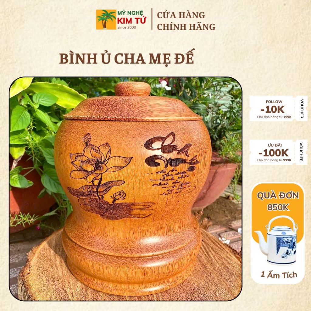 [ TẶNG ẤM 500ML - 1200ML ] Bình Ủ Ấm Trà Gỗ Dừa Điêu Khắc CHA MẸ ĐẾ CAO, Giữ Nhiệt Cao Cấp Trang Trí, Quà Tặng Sang