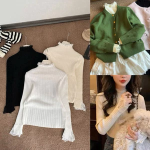 Áo Len Mỏng Giữ Nhiệt Phối Cổ Tay Ren Tiểu Thư Ulzang