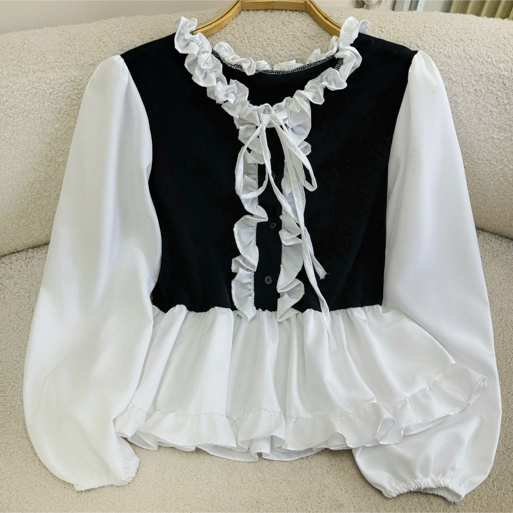 Áo Kiểu Bigsize Nữ Tay Dài Bèo Nhún Cột Nơ Cổ – Dáng Xòe Che Bụng Cho Các Nàng Mũm Mỉm A336