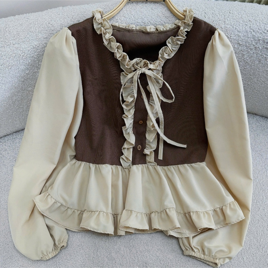 Áo Kiểu Bigsize Nữ Tay Dài Bèo Nhún Cột Nơ Cổ – Dáng Xòe Che Bụng Cho Các Nàng Mũm Mỉm A336