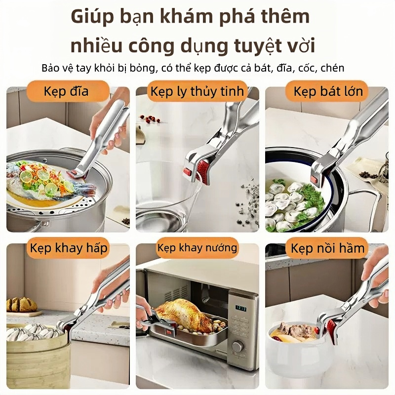Kẹp chống bỏng bằng thép không gỉ, kẹp nhà bếp, chống trượt, chịu nhiệt cao, kẹp bát đĩa