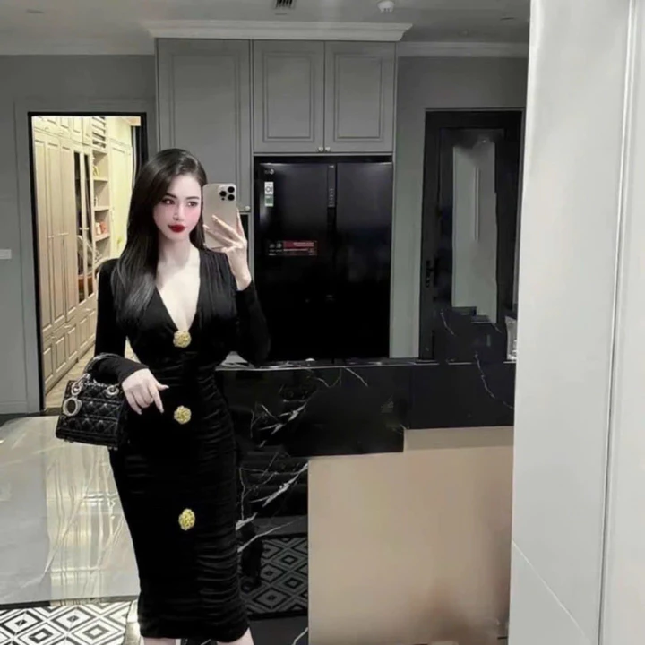 Đầm body dự tiệc cổ V khoét sâu sexy dáng dài đính tab sang chảnh,váy đi tiệc đi chơi, váy diện tết chất thun ladong