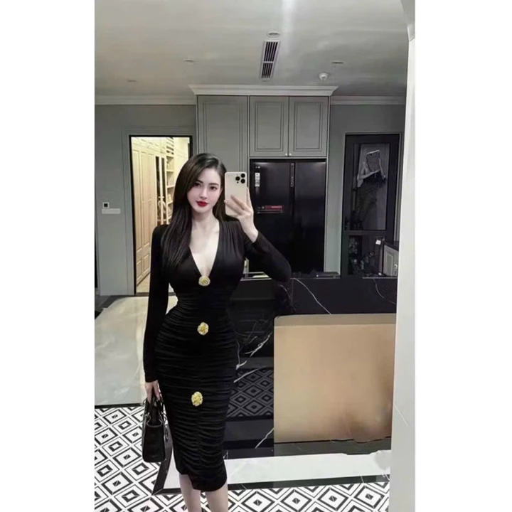 Đầm body dự tiệc cổ V khoét sâu sexy dáng dài đính tab sang chảnh,váy đi tiệc đi chơi, váy diện tết chất thun ladong