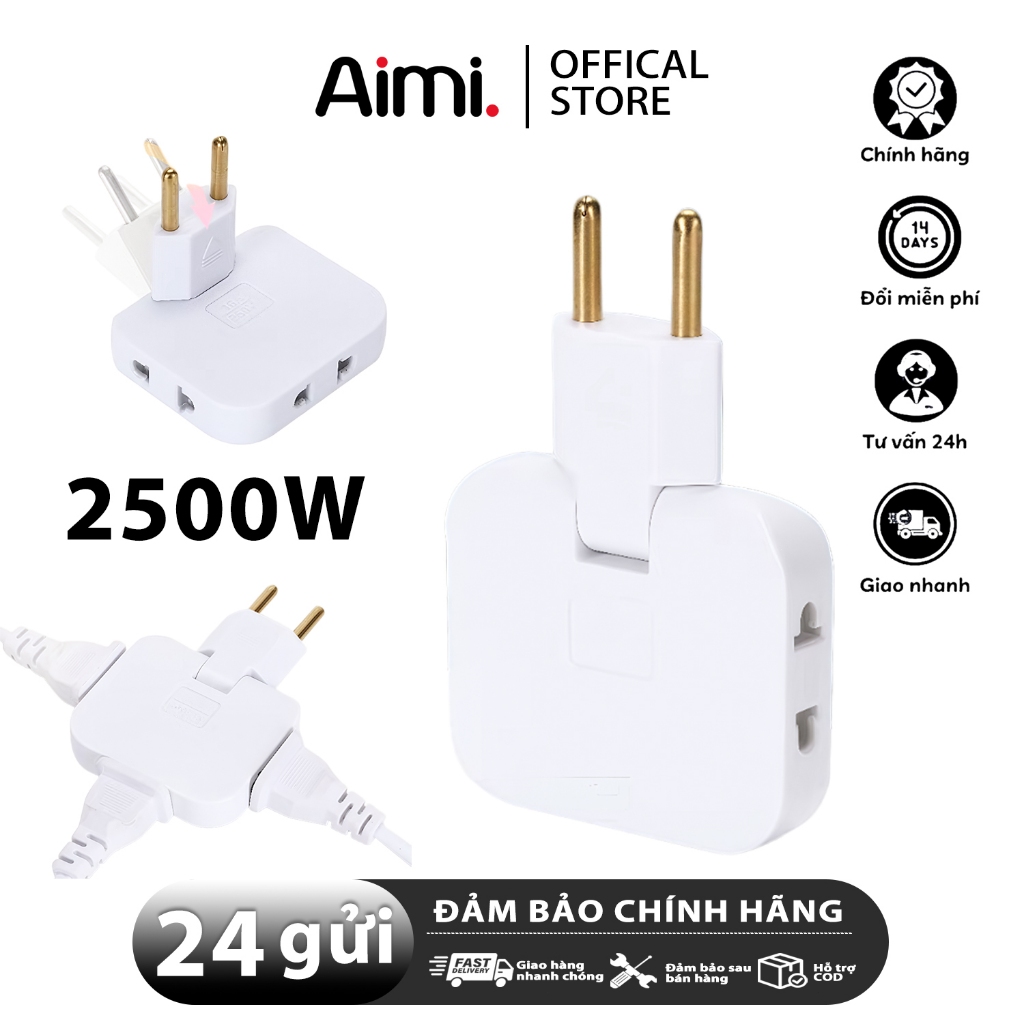Ổ cắm chia điện 2500W nhỏ gọn xoay 180 độ 3 cổng chân tròn và màu trắng