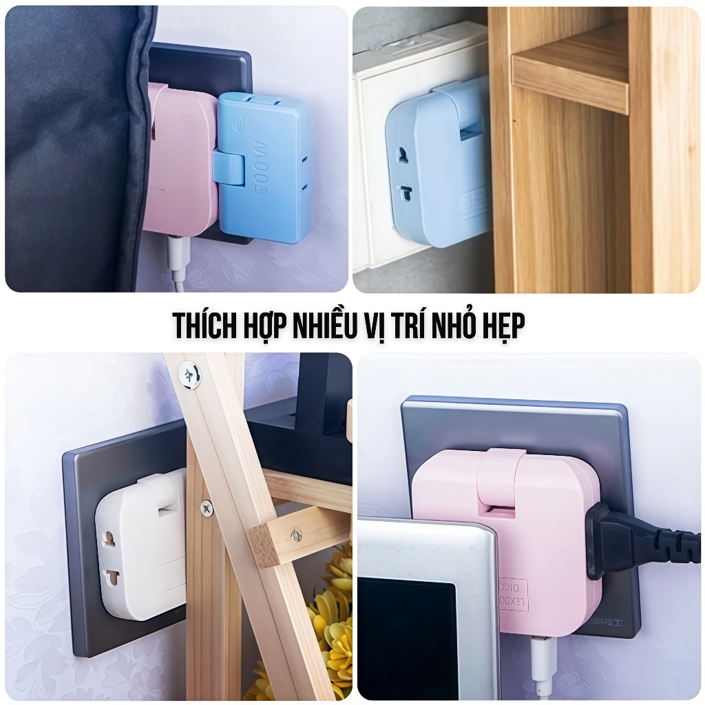 Ổ cắm chia điện 2500W nhỏ gọn xoay 180 độ 3 cổng chân tròn và màu trắng
