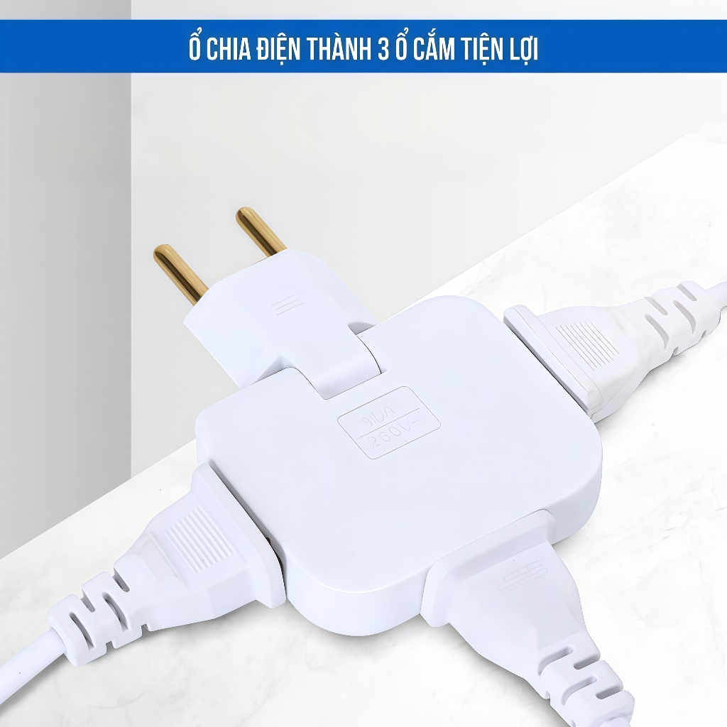 Ổ cắm chia điện 2500W nhỏ gọn xoay 180 độ 3 cổng chân tròn và màu trắng