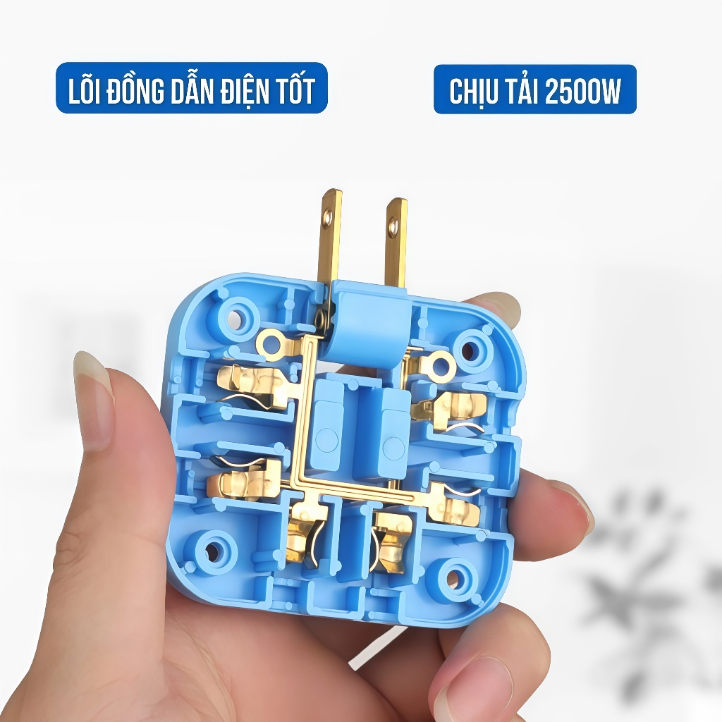 Ổ cắm chia điện 2500W nhỏ gọn xoay 180 độ 3 cổng chân tròn và màu trắng