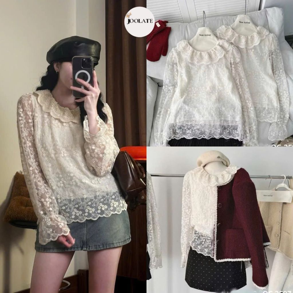 Áo dài tay chất ren hoa nổi cổ bèo ren tay bồng 2 lớp hàng thiết kế xinh xắn style tiểủ thư