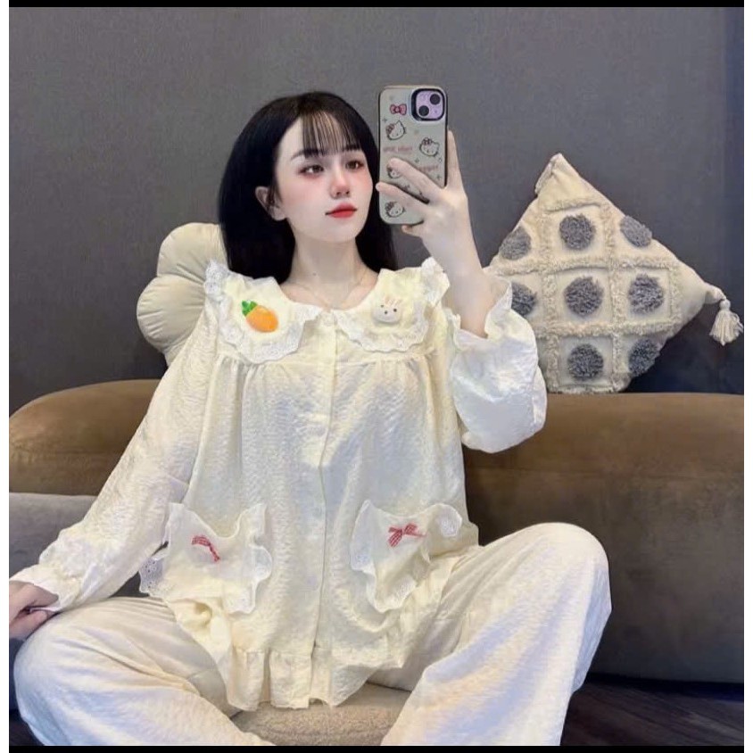 Bộ đũi dài cổ sen thỏ cà rốt túi ren nơ - MS A08