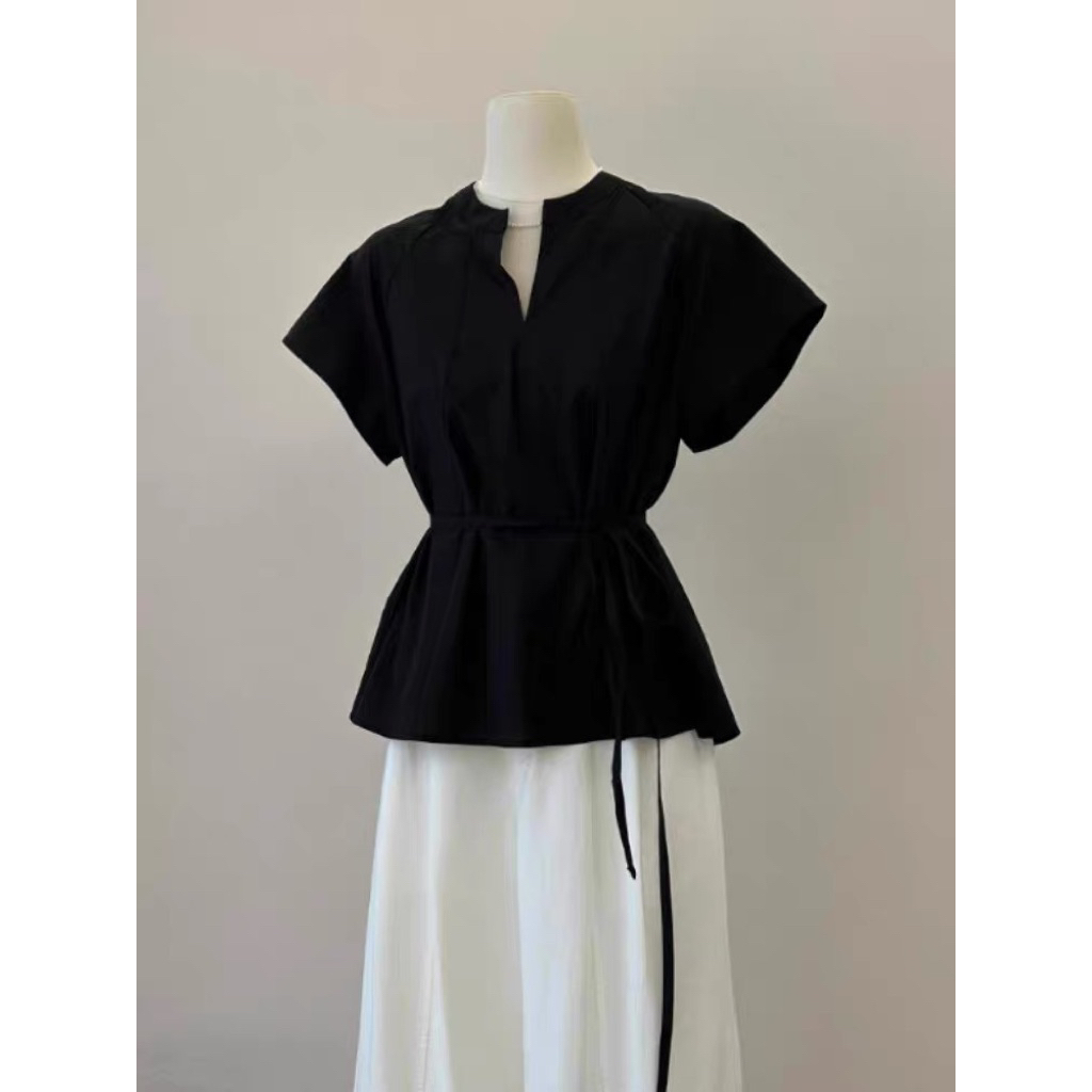 𝗗𝗮𝗿𝗮  A08- | LY LINEN| Áo Linen cổ tàu thắt nơ kèm dây