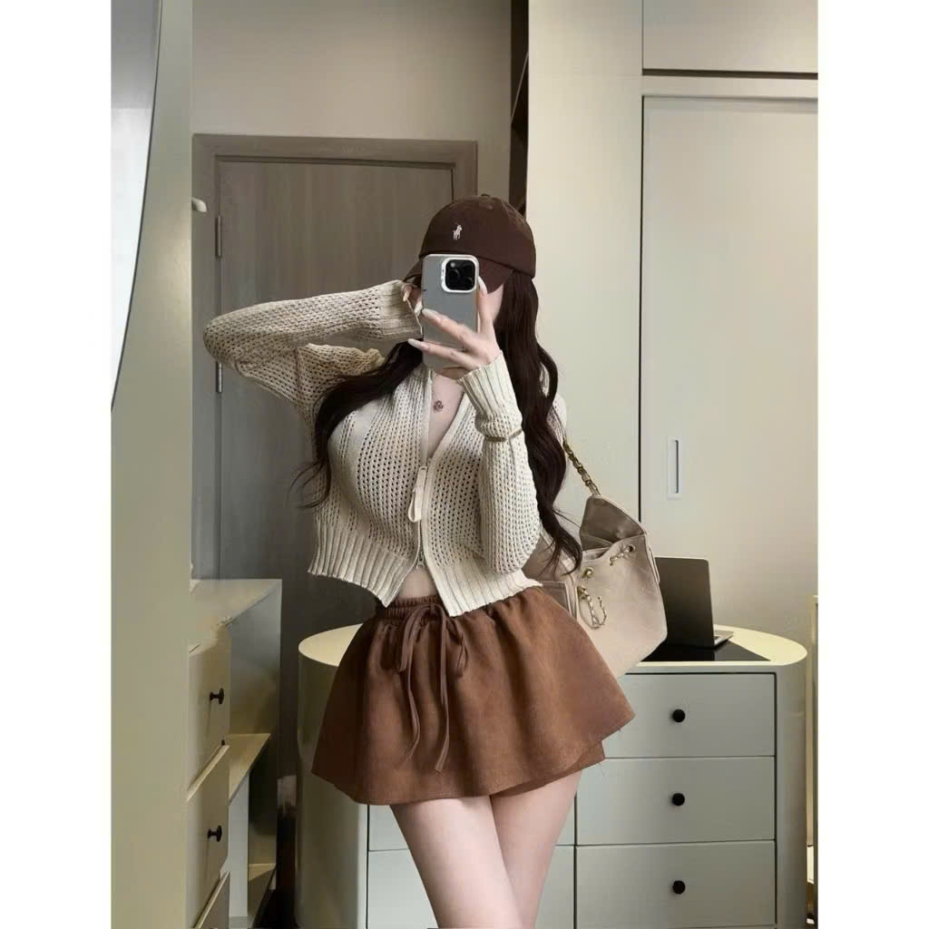 Chân váy quần da lộn dáng ngắn chữ A rút dây dáng xoè có quần bảo hộ Joolate 6661 P0K3