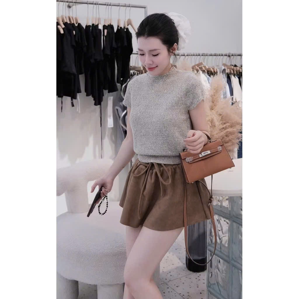 Chân váy quần da lộn dáng ngắn chữ A rút dây dáng xoè có quần bảo hộ Joolate 6661 P0K3