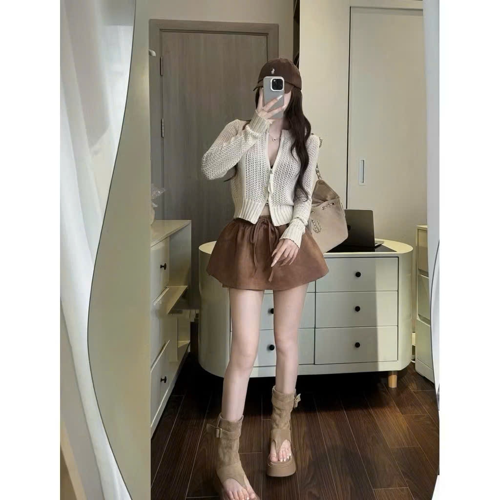 Chân váy quần da lộn dáng ngắn chữ A rút dây dáng xoè có quần bảo hộ Joolate 6661 P0K3