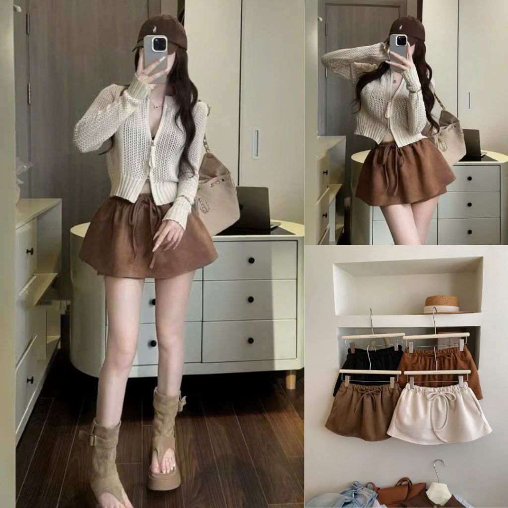 Chân váy quần da lộn dáng ngắn chữ A rút dây dáng xoè có quần bảo hộ Joolate 6661 P0K3
