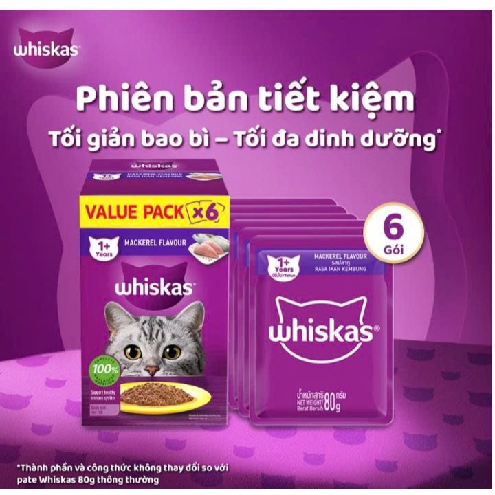 [Mẫu Mới ] Hộp 6 Gói Sốt Pate Cho Mèo Whiskas 80g/ Gói, Hương Vị Hấp Dẫn Khó Cưỡng