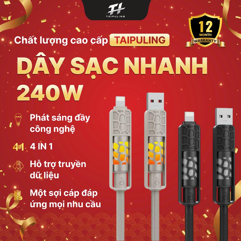 Cáp Sạc Nhanh 240W  Tốc độ sạc gấp  4 Trong 1, kim loại cao cấp,  bán chạy nhất