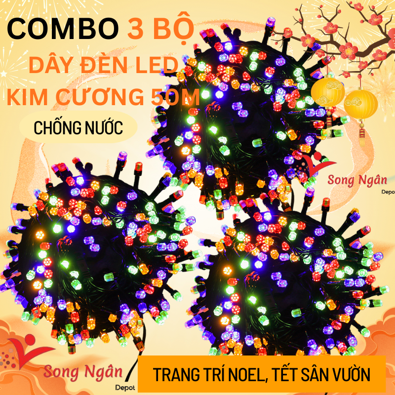 Combo 3 Bộ Dây Đèn LED Nháy chớp Kim Cương, đèn trang trí cây thông noen, trang trí tết ngoài trời