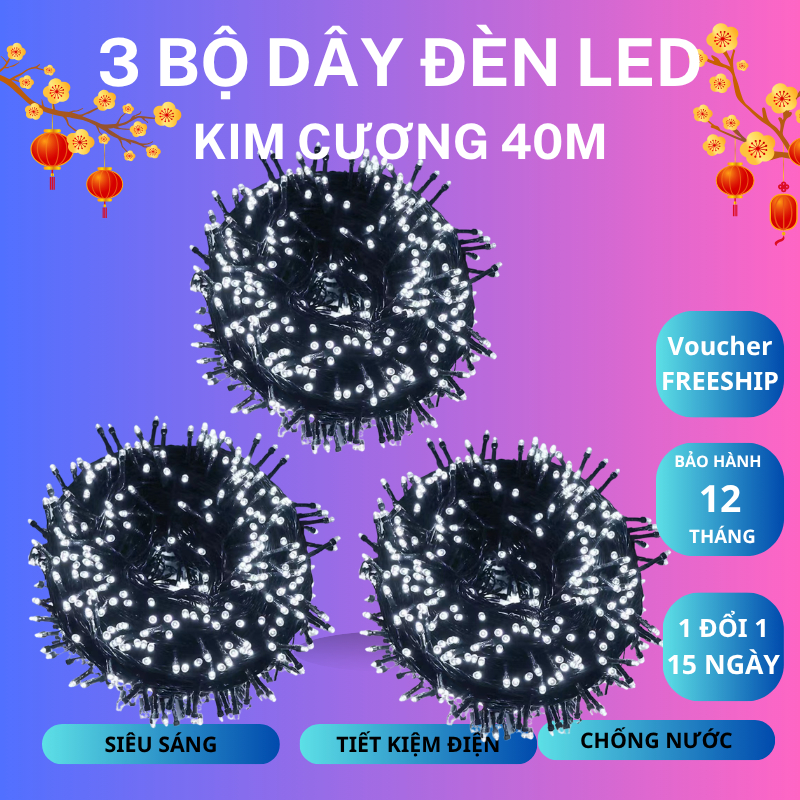 Combo 3 Bộ Dây Đèn LED Nháy chớp Kim Cương, đèn trang trí cây thông noen, trang trí tết ngoài trời