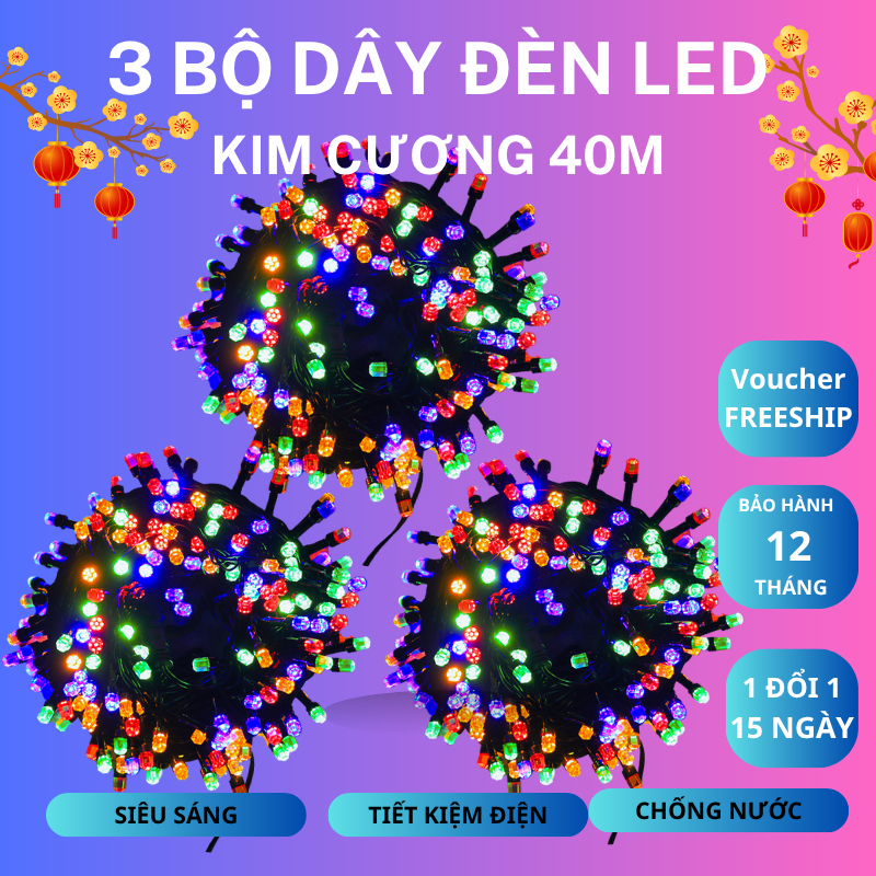 Combo 3 Bộ Dây Đèn LED Nháy chớp Kim Cương, đèn trang trí cây thông noen, trang trí tết ngoài trời