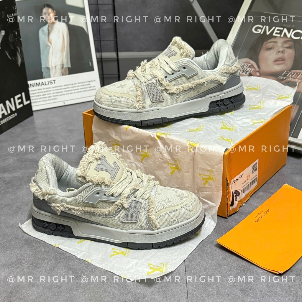 Giày thể thao LV Trainer dập Monogram viền rách tua rua màu xám hot ...