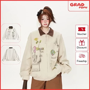 Áo khoác GRADPOPU kiểu dáng rộng rãi cao cấp phong cách Mỹ họa tiết vui nhộn dành cho nữ AK304