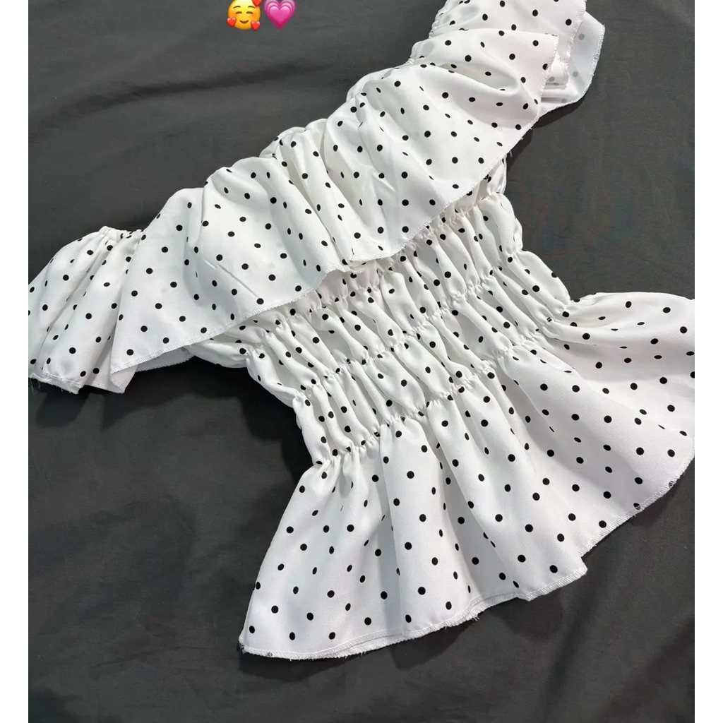 | LYN WEAR | Áo Trễ Vai Chấm Bi Nữ Dáng Babydoll Bo Eo – Đi Chơi Đi Cafe basic dễ phối