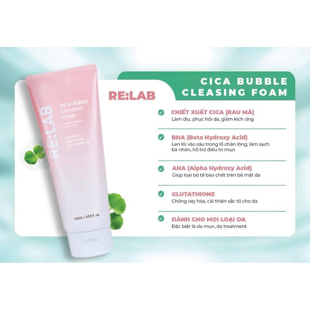 Sữa rửa mặt Re:lab cica bubble cleansing foam giúp làm sạch bụi bẩn, cấp ẩm120ml-hạn2028 HQ sữa rửa mặt relab  IS129