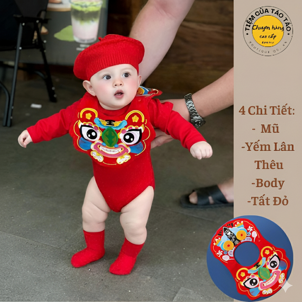 (SẴN SHIP- TẶNG TẤT)  Set Body Tết kèm yếm Lân, mũ đỏ chóp và tặng tất cho bé 4-14kg mũ chóp cho bé mặc Tết đi chơi