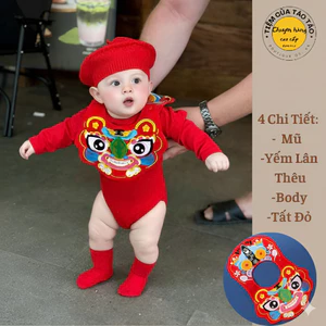 Set Body Tết kèm yếm Lân, mũ đỏ chóp và tặng tất cho bé 4-14kg mũ chóp cho bé mặc Tết đi chơi